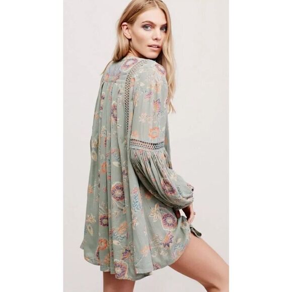 Free People Just The Two Of Us Floral Lace Inset Tunic Dress Mint Green Small - Picture 3 of 13